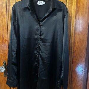 Princess Polly Black Satin Button-Up Shirt Dress- Flowing Silhouette